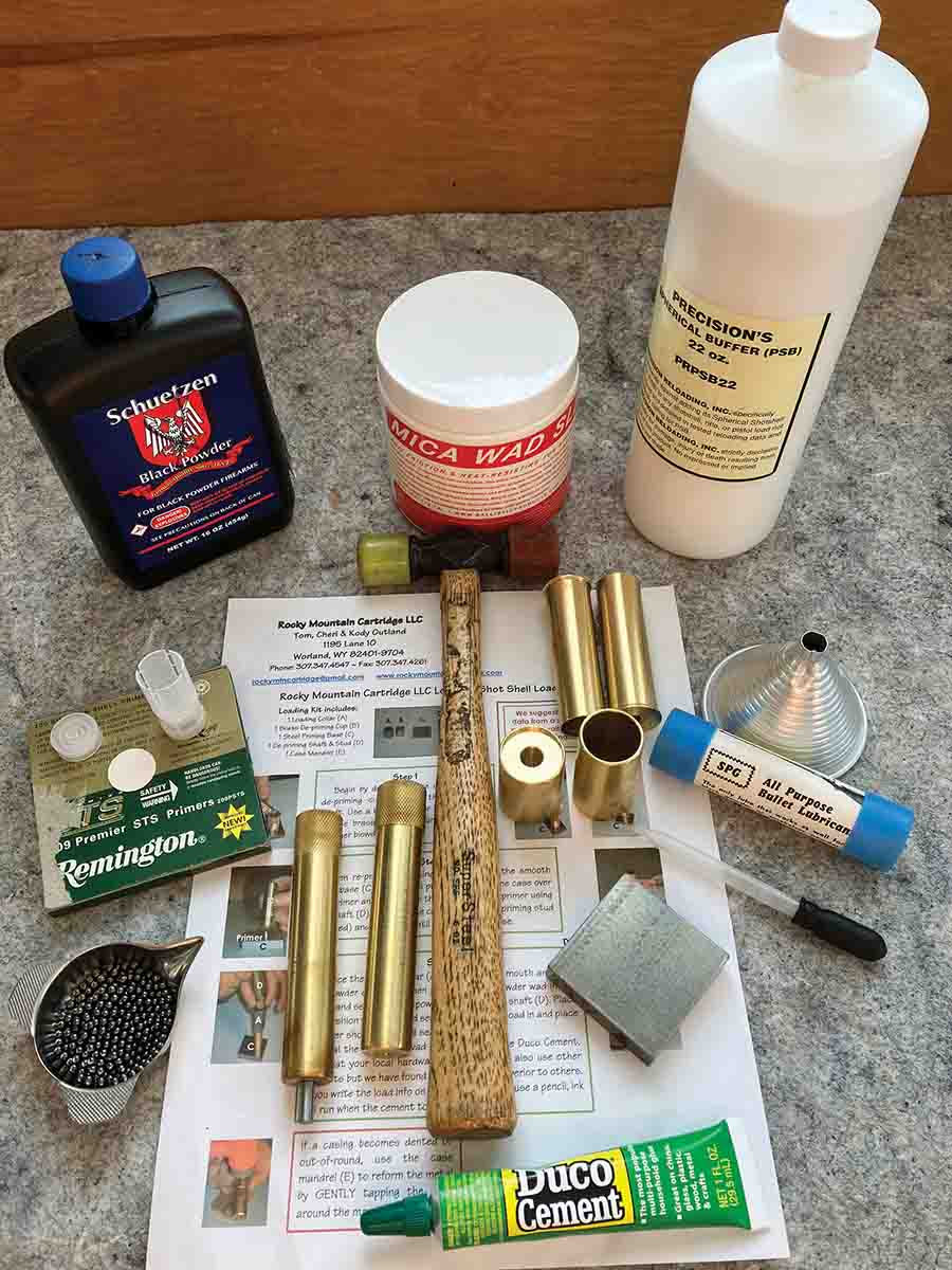 Reloading tools and supplies for loading the 10-gauge brass shotshells.
